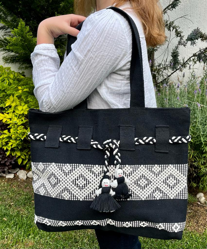 Casa Tlapali Large Boho Tote in Black with White Diamonds