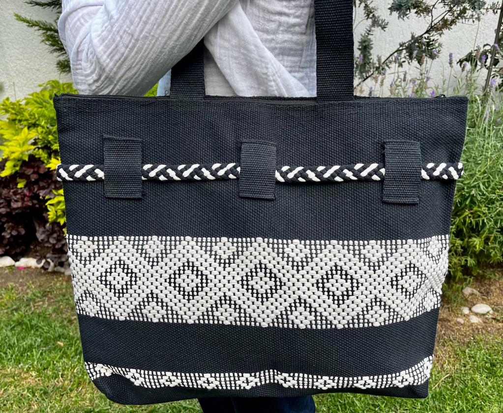 Casa Tlapali Large Boho Tote in Black with White Diamonds