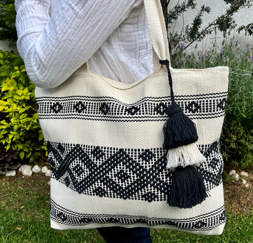 Casa Tlapali Large Boho Tote in White with Black Diamonds