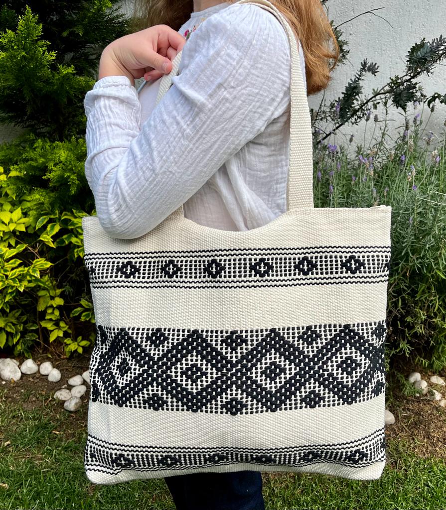 Casa Tlapali Large Boho Tote in White with Black Diamonds