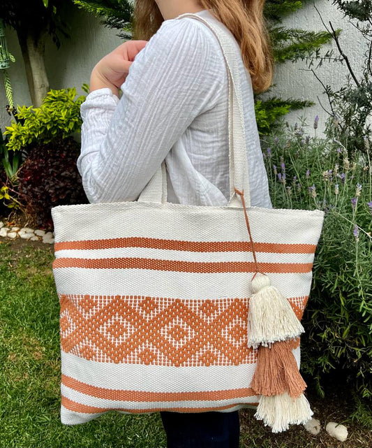 Casa Tlapali Pecan and Cream Boho Tote Large