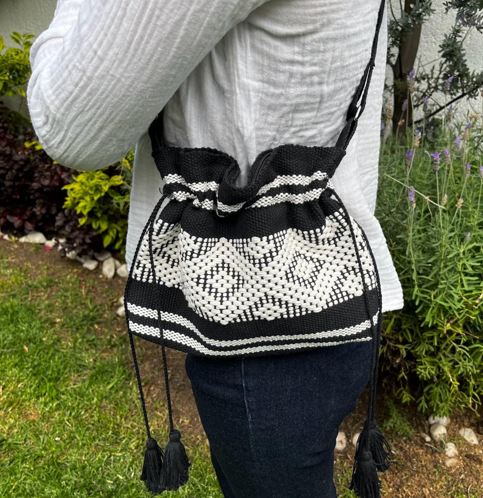 Casa Tlapali Black-White Cross Body Satchel with adjustable strap