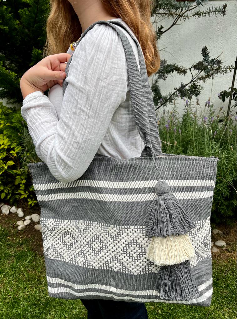 Casa Tlapali Grey Boho Tote Large