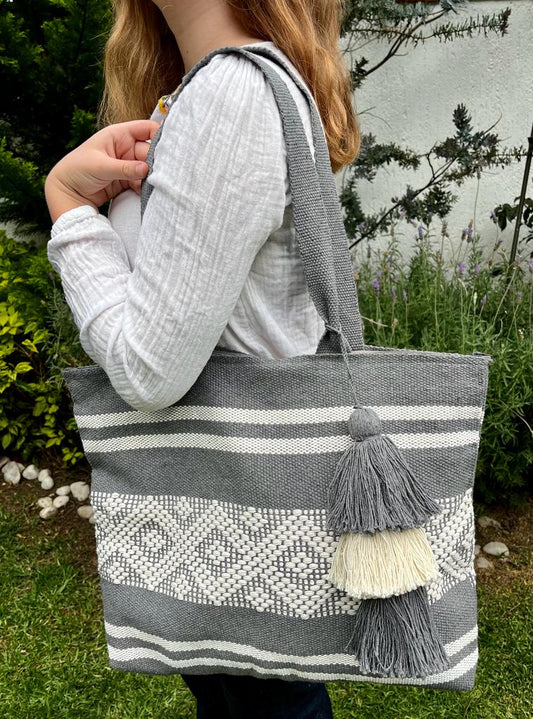 Casa Tlapali Grey Boho Tote Large