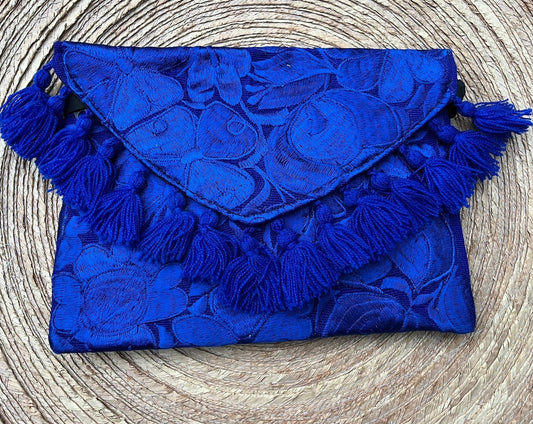 Casa Tlapali Blue Embroidered Clutch with Tassels