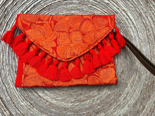 Casa Tlapali Orange Embroidered Clutch with Tassels